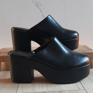 A New Day Ricky Black Platform Slip On 9.5 Chunky Heel Sandal Slide Shoe Memory